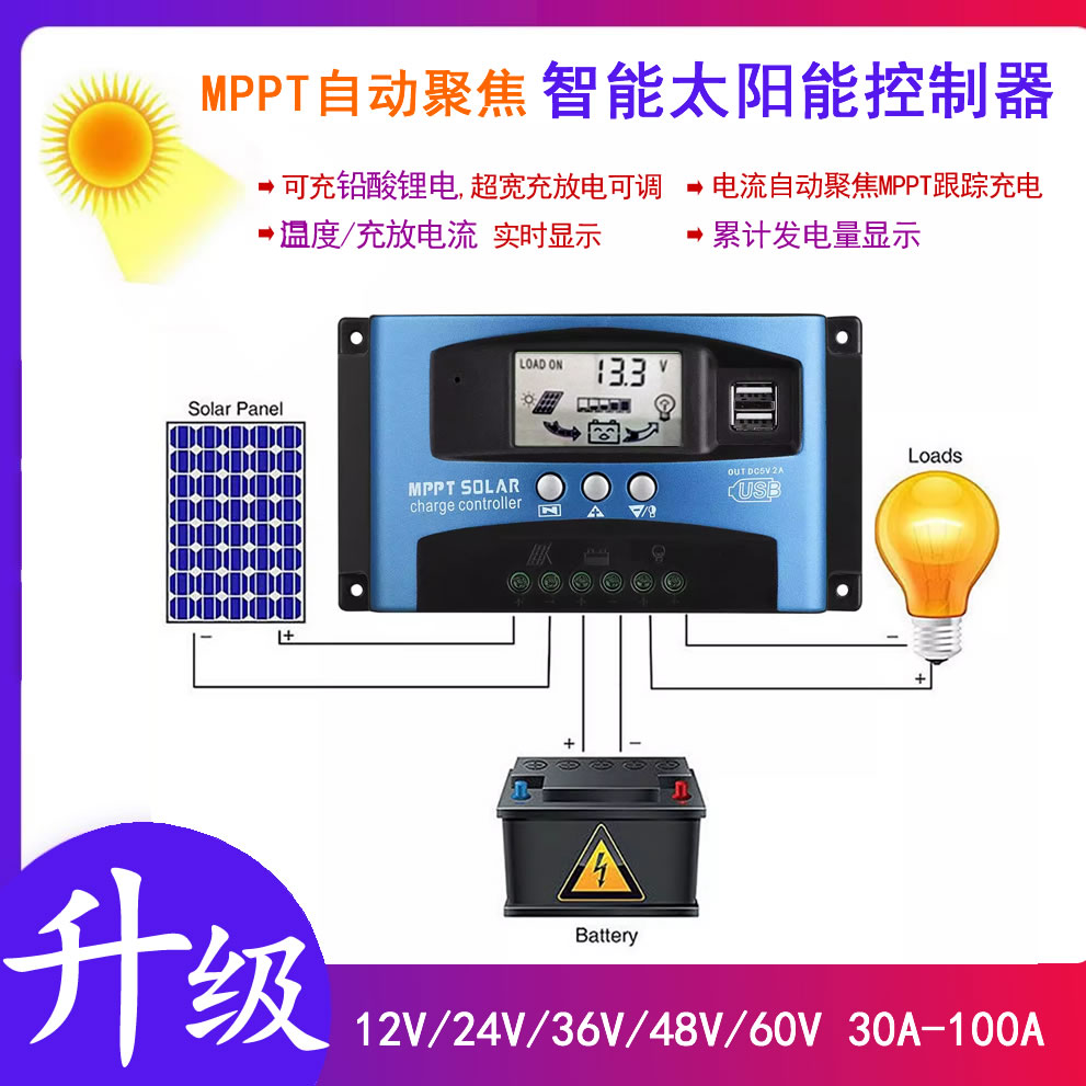 MPPT太阳能控制器100A全自动充放电铅酸锂电通用12v24V48光伏发电