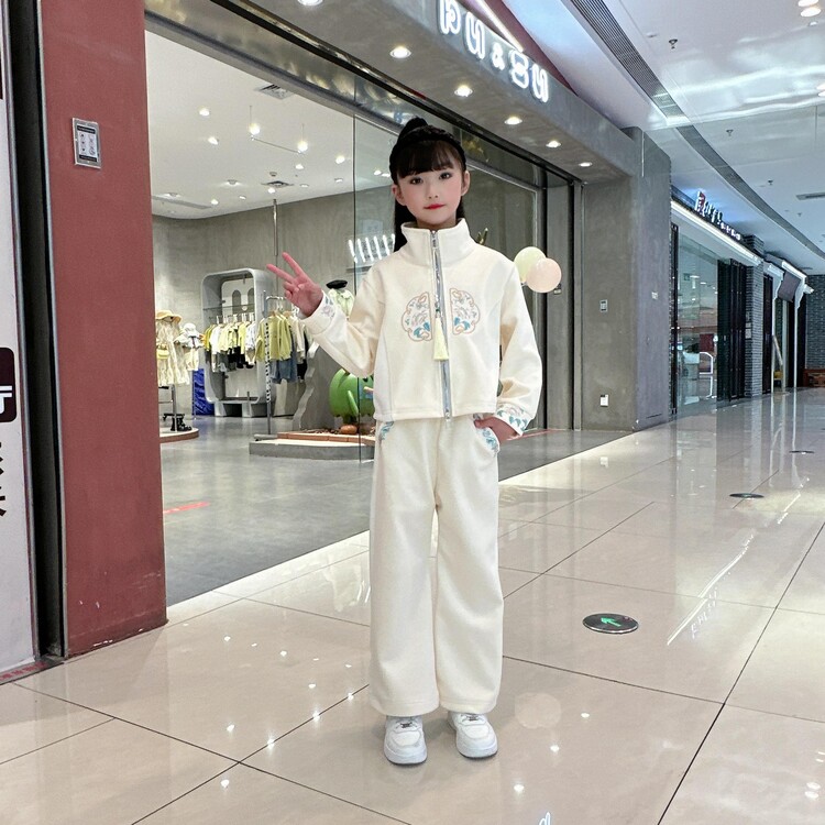 小敏家女童春款高品质重工刺绣新中式国风淡雅气质套装#k1633