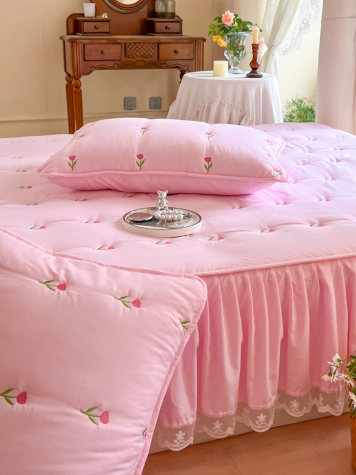 A类母婴级夹棉床裙床笠式单件席梦思床垫保护套刺绣1.5米1.8床罩