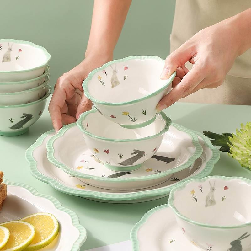 碗碟套装家用北欧网红ins陶瓷可爱餐具饭碗兔子盘子鱼盘西餐餐盘