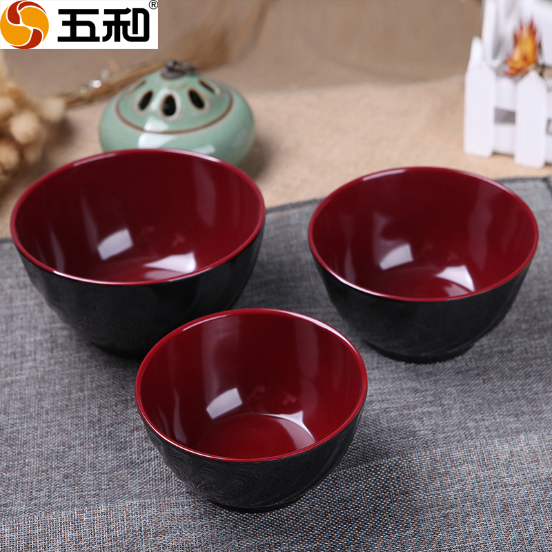 五和密胺碗碗沙县小仿瓷碗易清洗不烫手日式碗大中红黑双色碗树脂