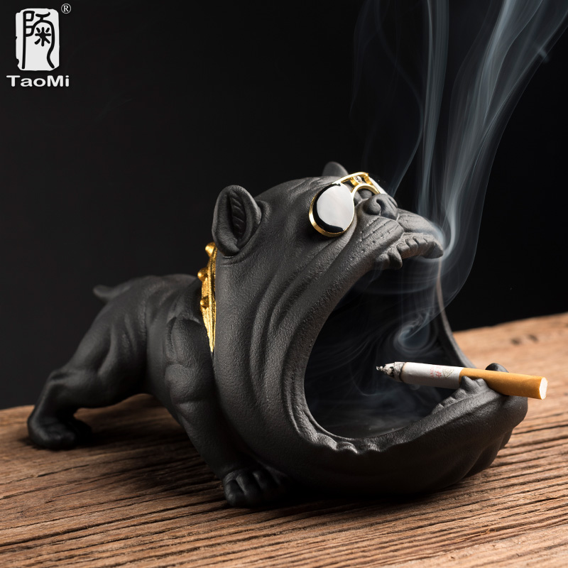 陶迷家用卡通狗烟灰缸可爱创意陶瓷大烟缸带盖个性潮流防风防飞灰