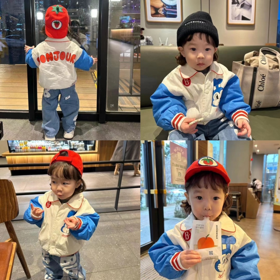 韩国童装ins风婴儿宝宝男女童蓝白拼接夹克外套