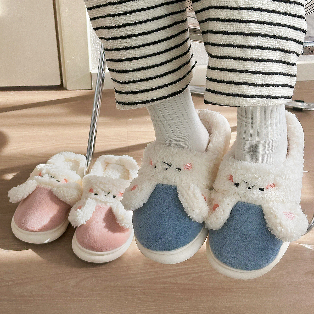 情侣可爱兔子棉拖男女冬季居家包头保暖防滑拖鞋半包跟毛绒月子鞋