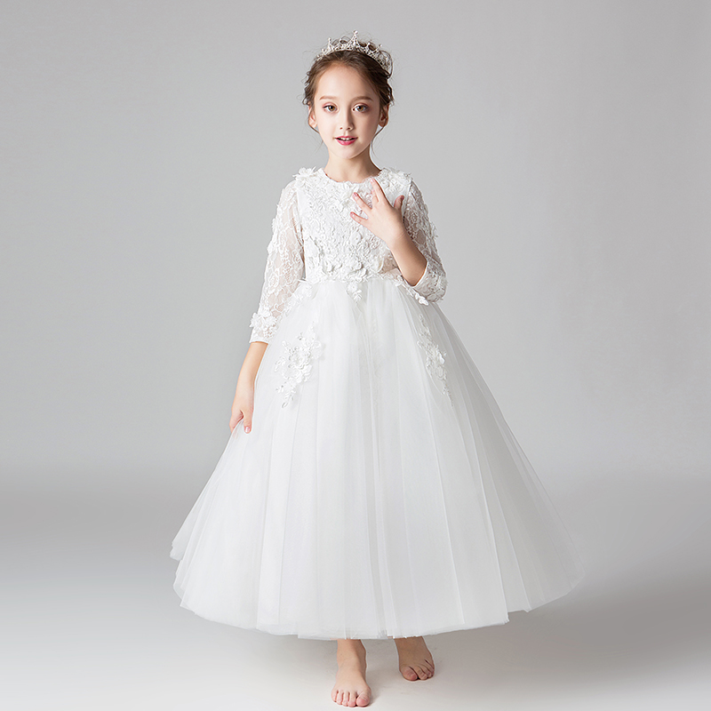 儿童礼服公主裙女童白色长袖花童婚纱小主持人钢琴演出服表演洋气