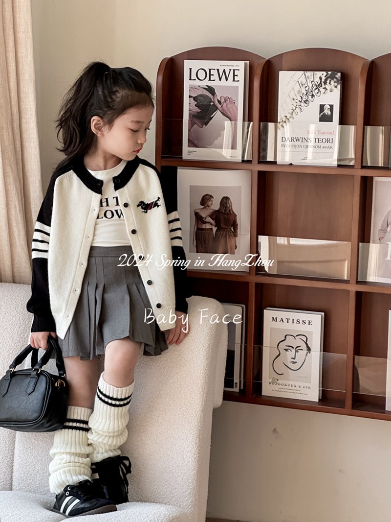 2024春秋新款韩国童装女童洋气拼色针织开衫外套儿童学院风百褶裙