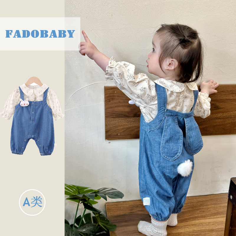 韩版婴儿春装碎花包屁连体衣套装女宝宝衣服牛仔兔子背带裤两件套
