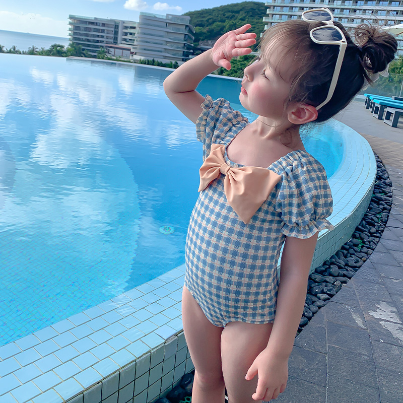 儿童泳衣女孩女童洋气泳装2023新款夏宝宝连体可爱格子公主游泳衣