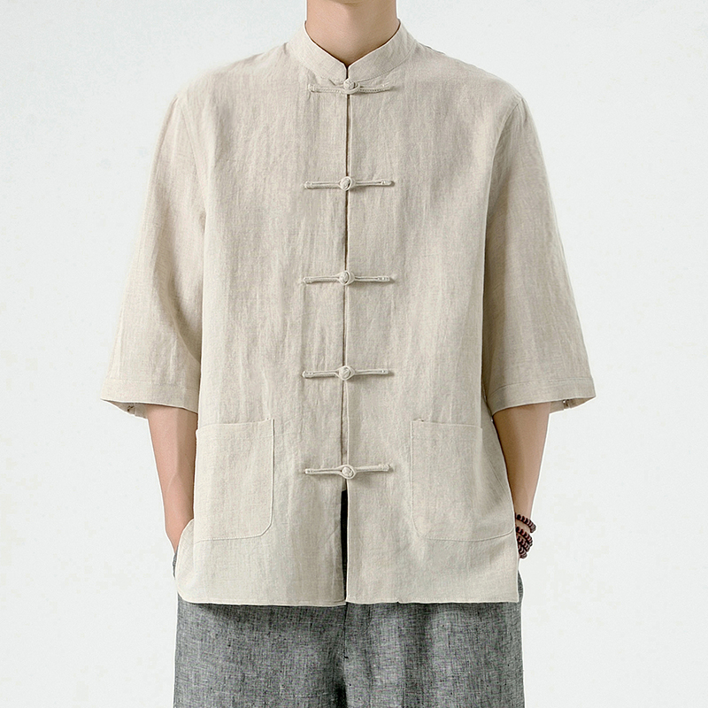 中国风亚麻衬衫男夏季短袖冰丝衬衣复古盘扣立领上衣棉麻唐装外套