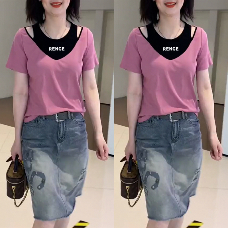 300斤特大码女装胖mm韩版夏季新款遮肉短袖t恤百搭显瘦假两件上衣