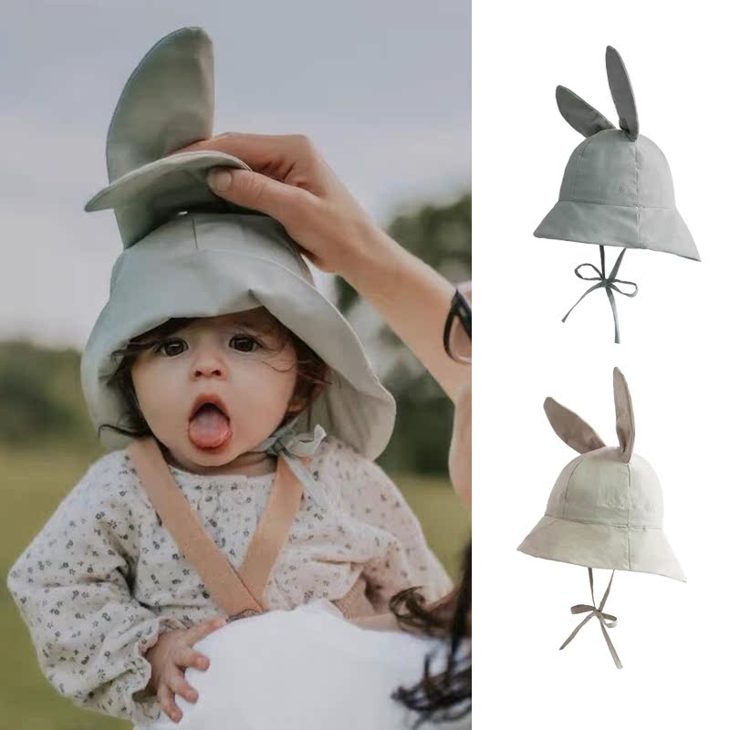 ins瑞典男女宝宝防晒帽儿童遮阳帽纯棉渔夫帽兔耳朵帽子 洋气时尚