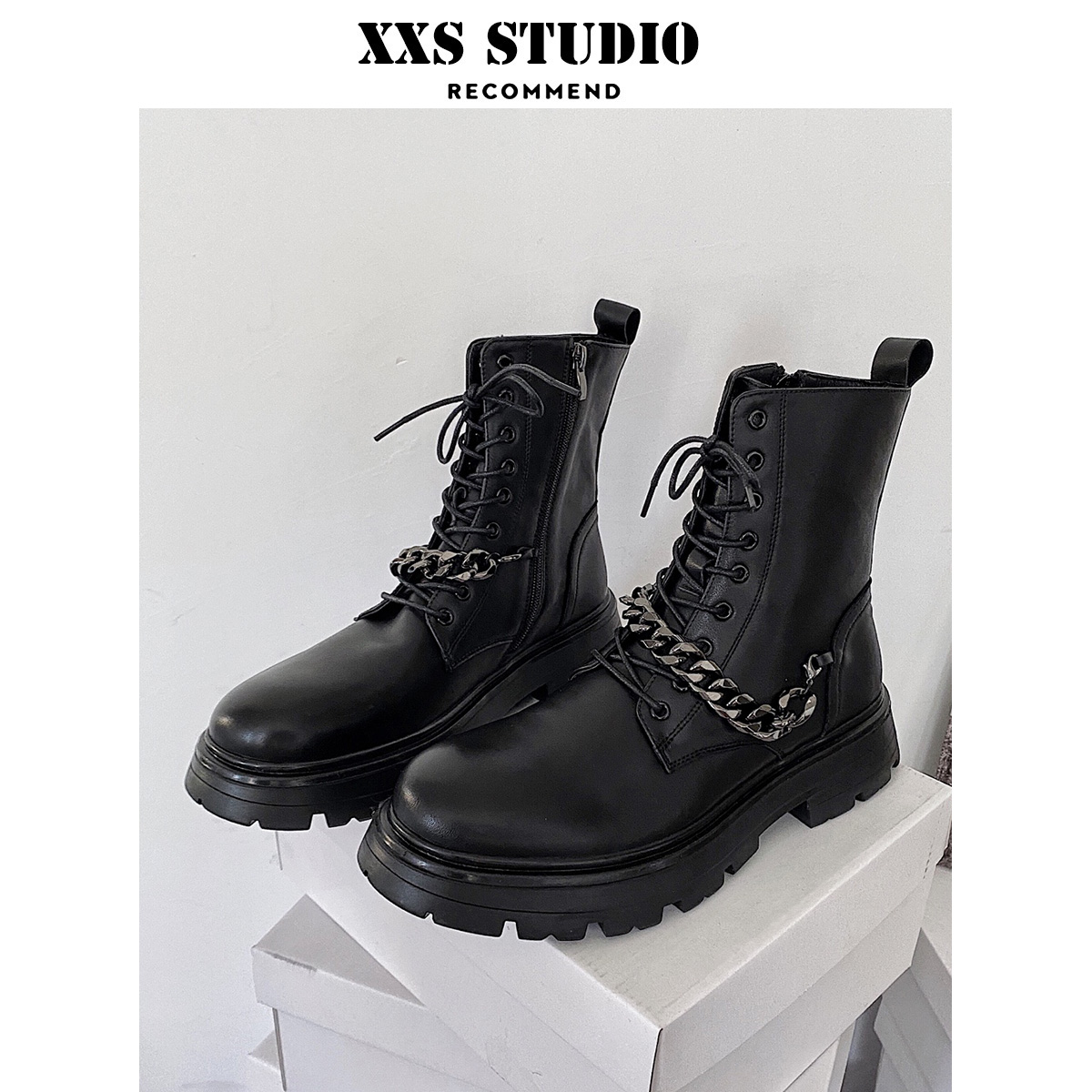 XXS Studio小众马丁靴男链条炸街厚底中筒靴春秋欧美帅气骑士靴子