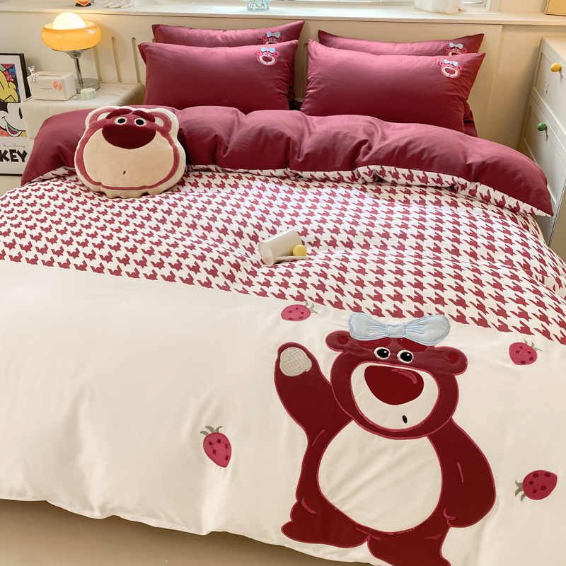 迪士尼草莓熊冰丝床上四件套夏儿童床品被套刺绣宿舍床单三件套女