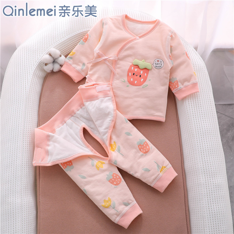 新生婴儿分体套装女宝宝保暖春装两件套初生春季纯棉和尚夹棉衣服