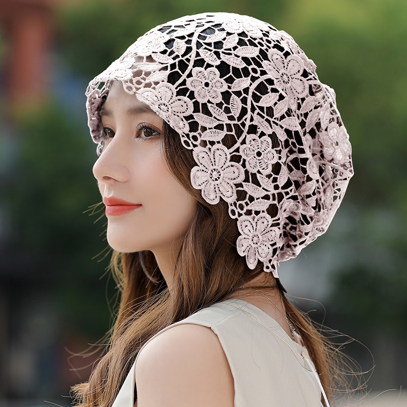 花朵帽子女士春夏季薄款遮白发帽子镂空透气堆堆帽洋气蕾丝包头帽