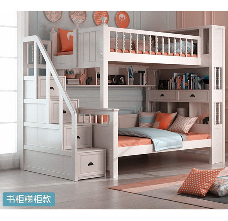 美式全实木儿童床白色高低床子母床男女孩上下床双层床带衣柜定制