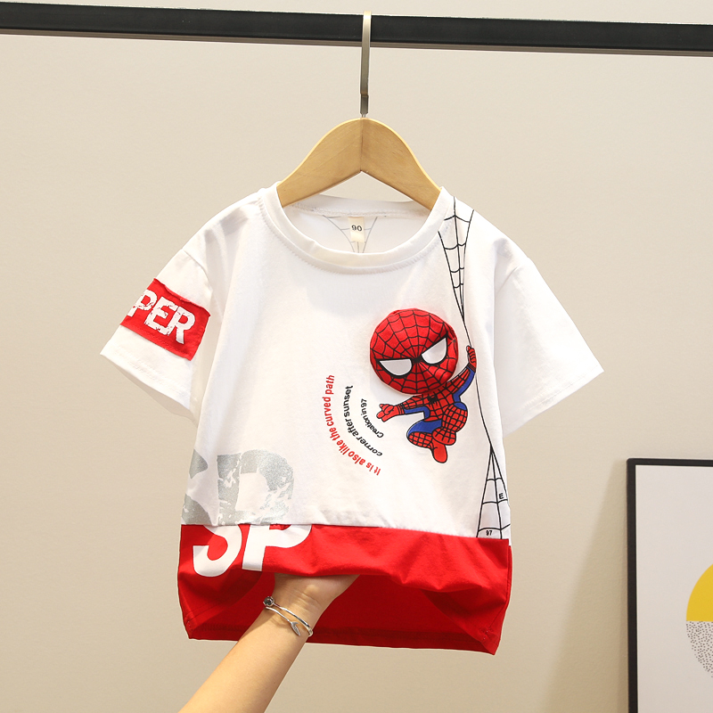 儿童夏季短袖蜘蛛侠T恤宝宝婴儿超人半袖棉上衣男童透气衣服卡通