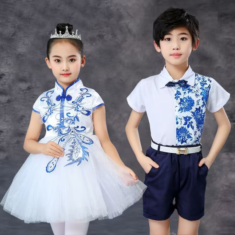 六一儿童青花瓷表演出服女童幼儿园舞蹈合唱服古风纱裙中国风新款