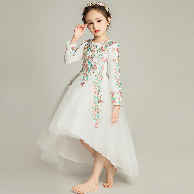 新品女童礼服公主裙长袖儿童演出服花童白色婚纱主持人晚礼服长袖