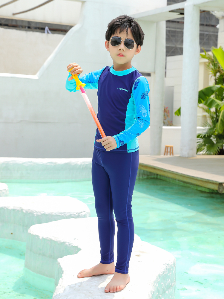 儿童泳衣长袖男童专业新款中大童分体游泳衣防晒男孩学生泳装套装