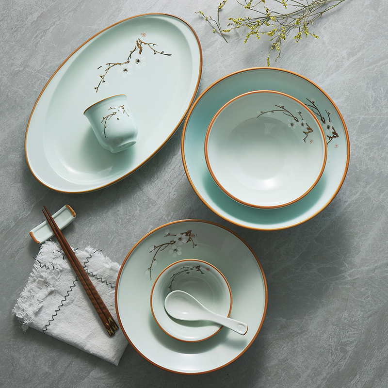 创意家用翡翠蓝梅花设计面碗个性汤碗异形船形碗防烫陶瓷碗三角盘