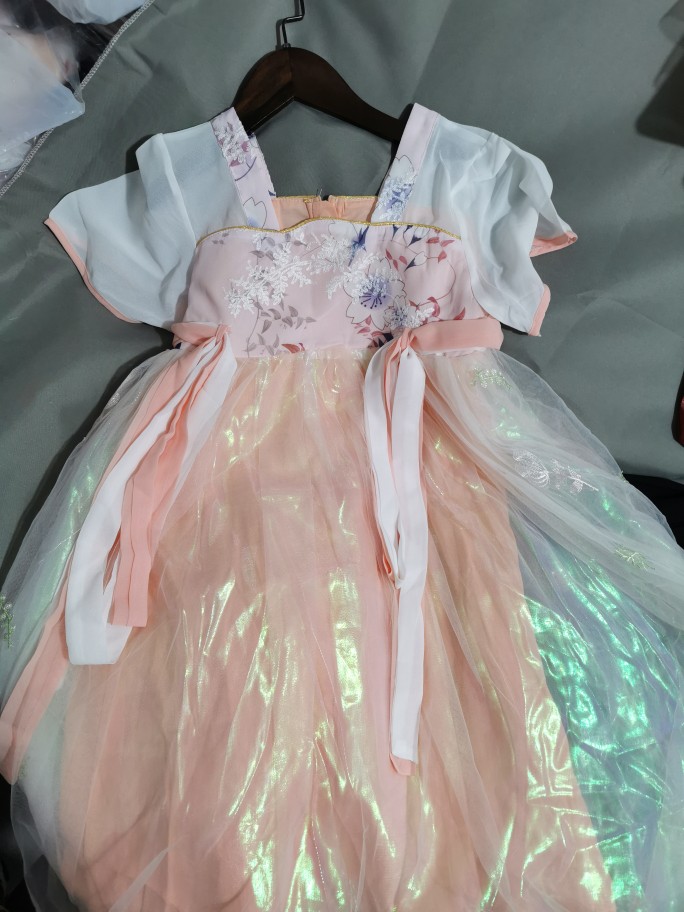 儿童古装中大童女孩刺绣汉服裙唐装表演裙粉色110-150