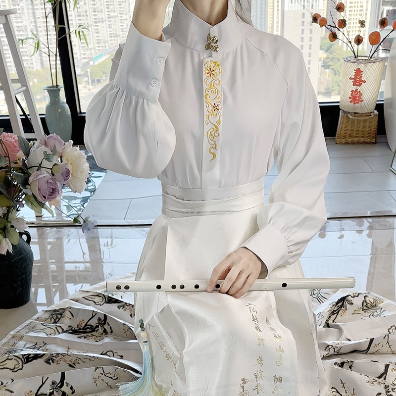 序绘原创汉服明制[鸟鸣涧]新中式衬衣妆花织金白色马面裙女款裙子