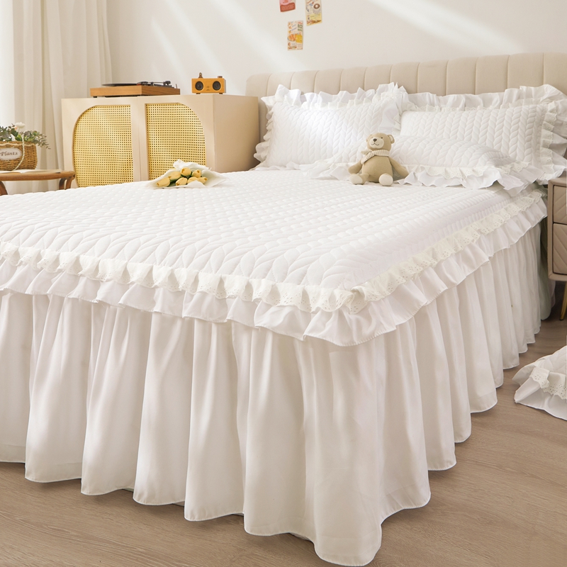 韩国白色夹棉加厚水洗棉床裙三件套公主风蕾丝花边床笠床罩床垫套