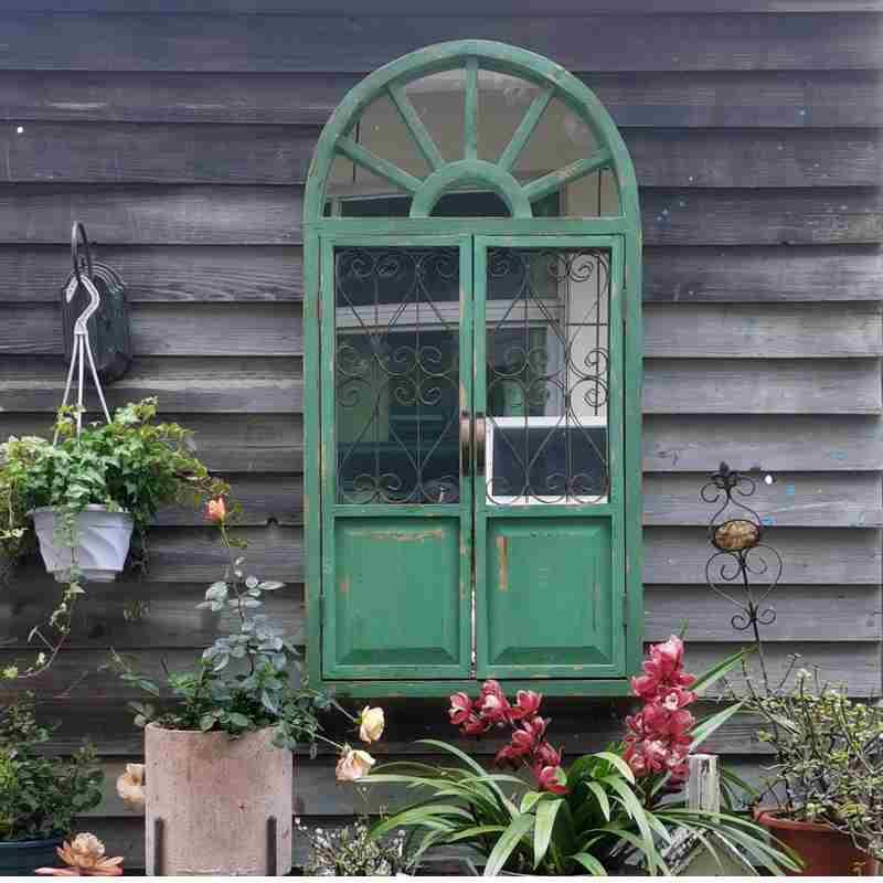 T美式乡村做旧假窗壁挂花园复古绿实木镜子壁饰园艺杂货墙上装饰