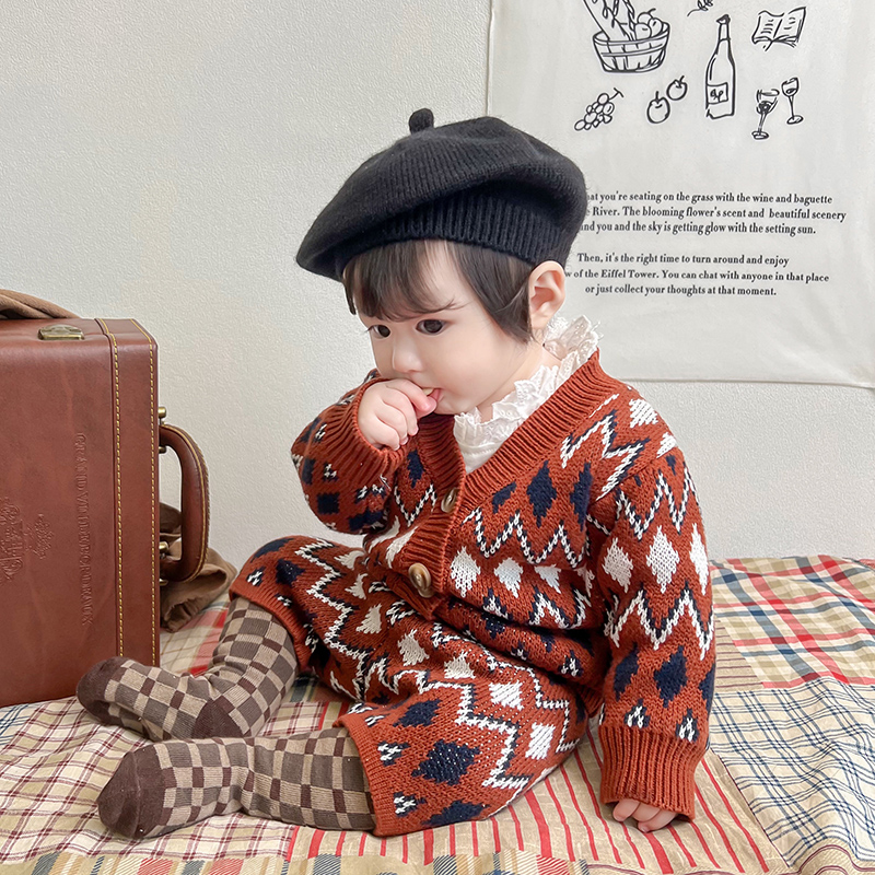 韩国童装宝宝针织线衣春秋装婴儿衣服秋冬复古毛衣开衫分体套装潮