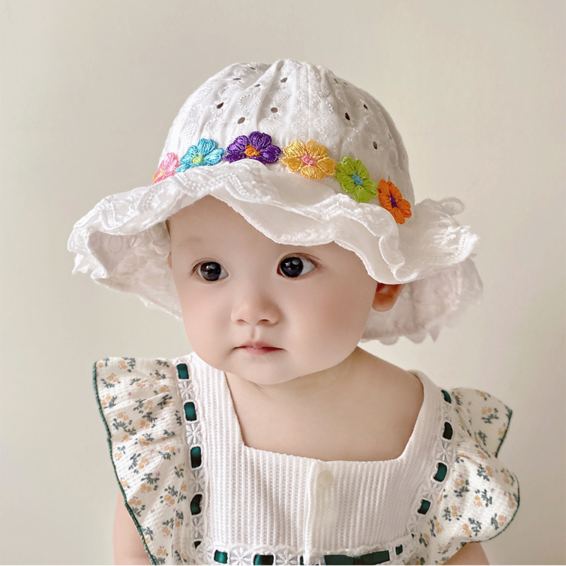 女宝宝帽子遮阳帽春夏彩色花朵婴儿蕾丝花边帽夏季外出防晒渔夫帽