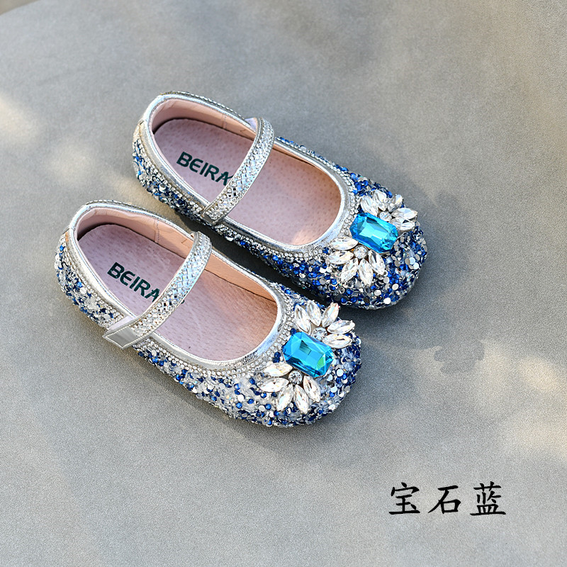 新款贝然儿童鞋女童爱莎单鞋公主鞋水晶鞋演出鞋银色宝石皮鞋女宝