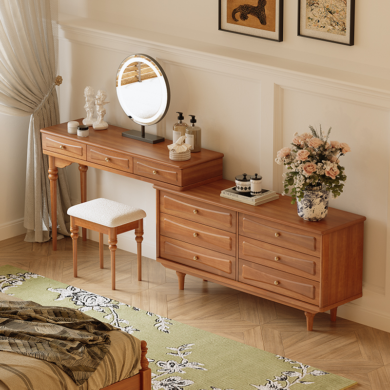法式复古实木梳妆台化妆桌美式中古可伸缩卧室斗柜一体转角梳妆台