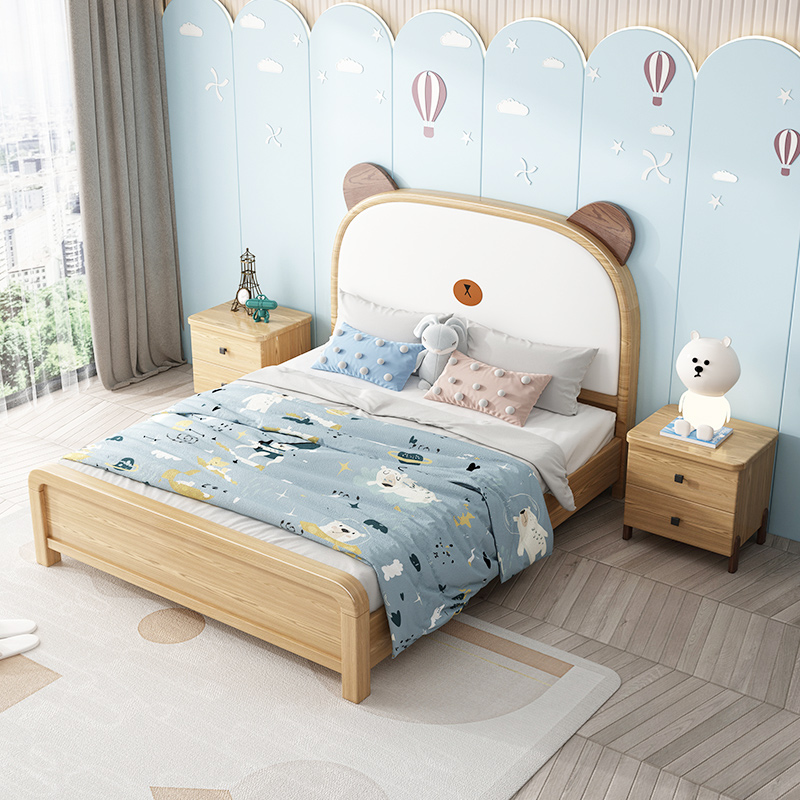 现代简约北欧实木儿童床白蜡木创意小熊童床1.5米青少年单人男孩