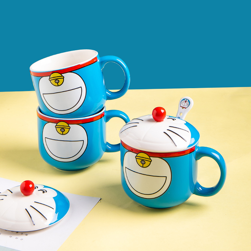 哆啦A梦杯子女陶瓷水杯可爱蓝胖子儿童情侣创意机器猫马克杯带盖