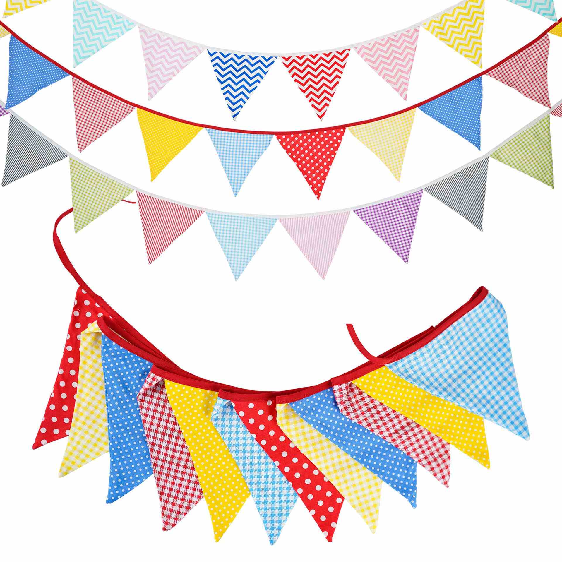 红黄蓝彩色棉布串旗儿童幼儿园生日三角旗婚礼派对挂旗拍照背景