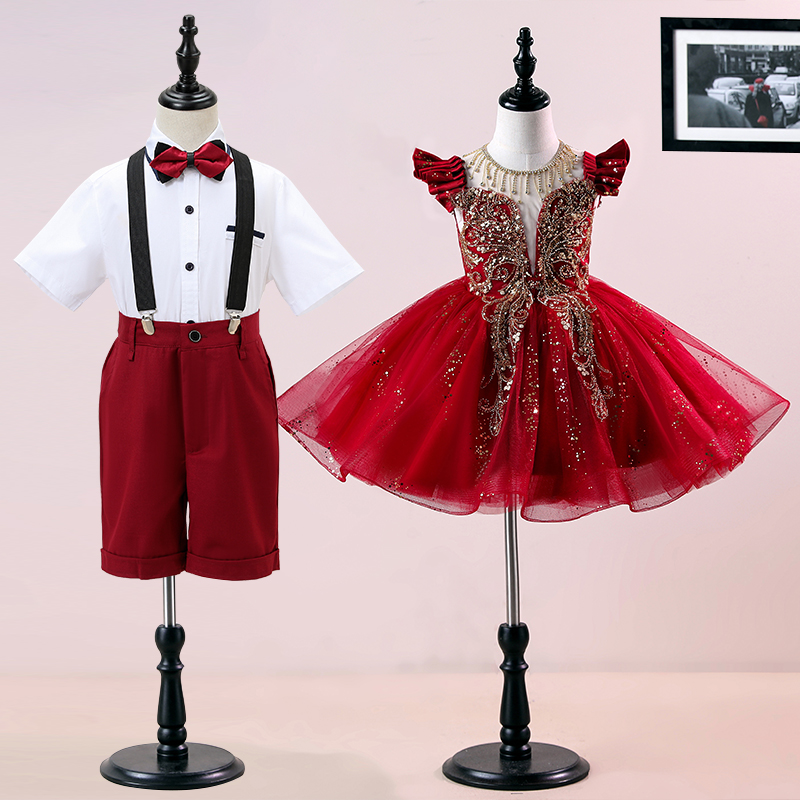 六一儿童表演服装大合唱演出服小学生诗歌朗诵红色蓬蓬公主裙礼服