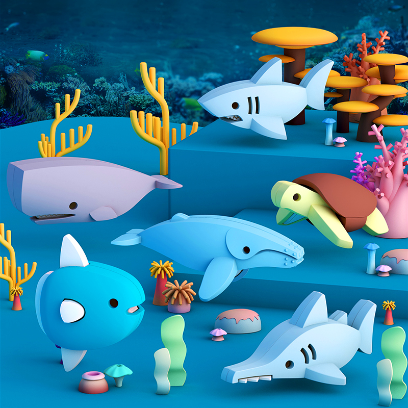 哈福玩具海洋动物骨骼抹香鲸拼装积木动手动脑多功能场景创意摆件