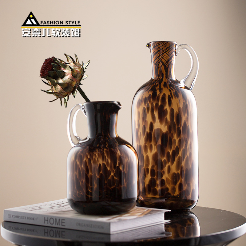 复古豹纹玻璃花瓶单耳水培插花器家居客厅餐桌样板间软装饰品摆件