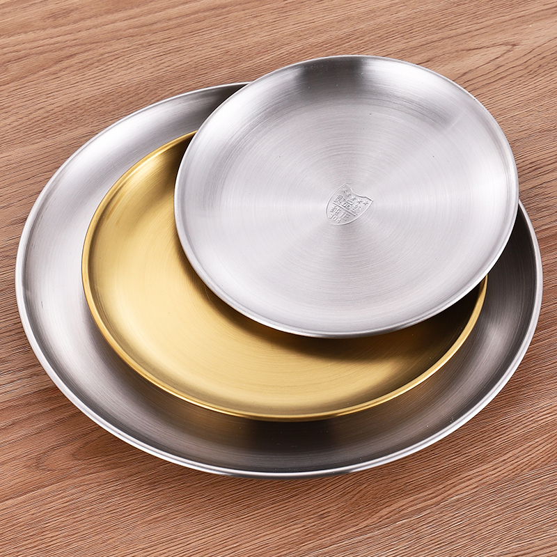 韩式304不锈钢圆盘 加厚金色托盘水果盘蛋糕盘骨碟菜碟商用浅盘子