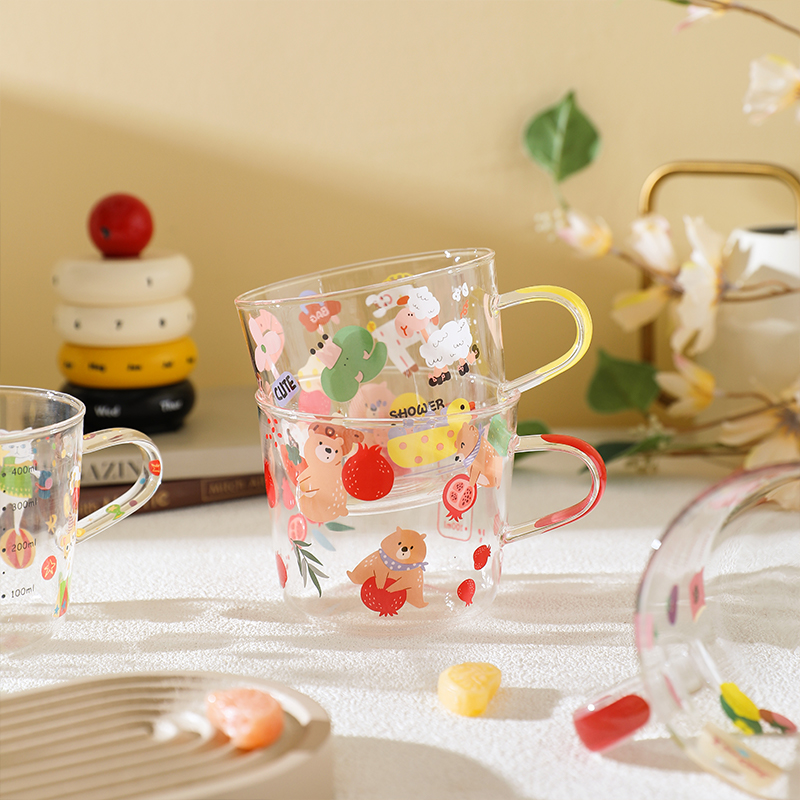 舍里 耐热玻璃杯带刻度牛奶杯儿童早餐杯子家用水杯大容量果汁杯