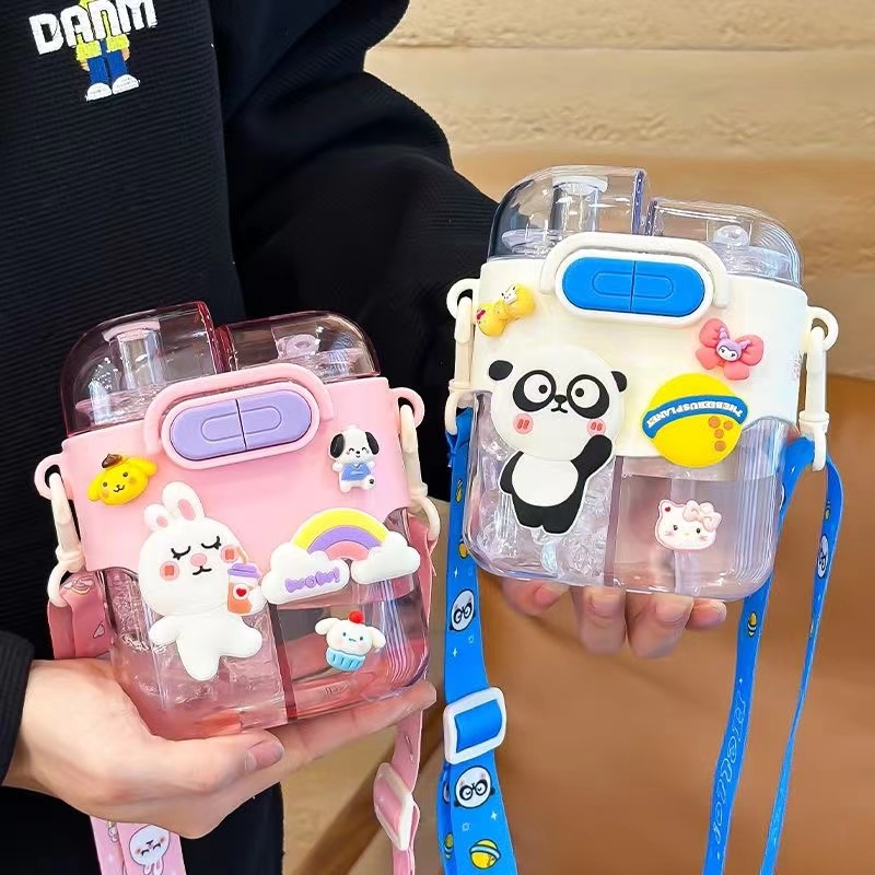 卡通动物双饮塑料水杯儿童上学专用双头分仓吸管杯幼儿园运动水壶