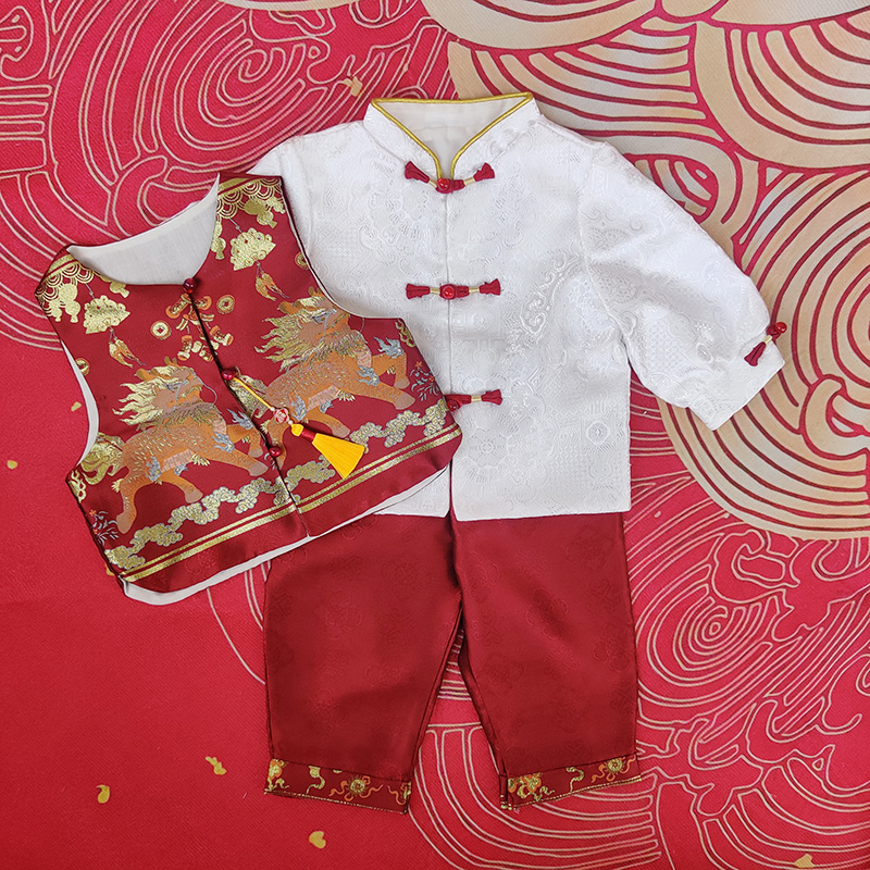 一周岁礼服男宝宝中式红色儿童冠衣唐装中国风婴儿百天抓周宴长袖