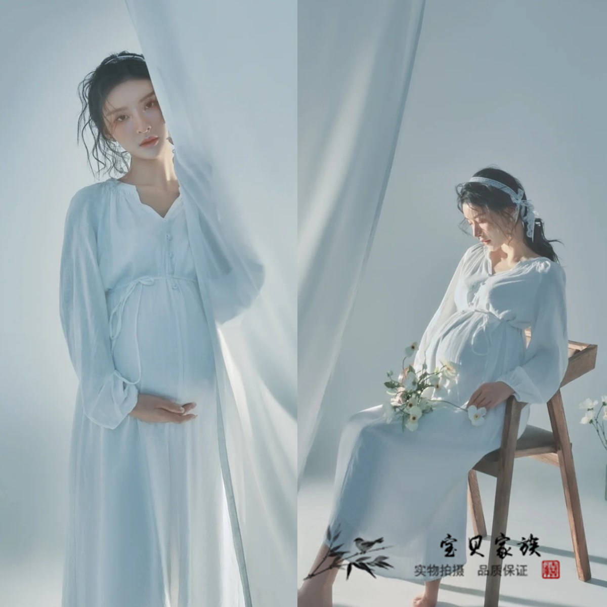 新款孕妇拍照服装影楼白色简洁唯美孕妇连衣裙大肚妈咪摄影艺术照