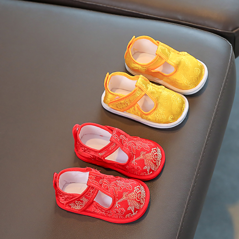 婴儿6到12个月宝宝唐装鞋抓周红色鞋子周岁软底步前鞋透气7八春秋