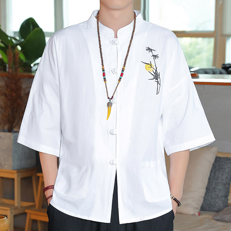 中国风棉麻男衬衫复古风唐装夏季新中式立领中山亚麻短袖半袖上衣