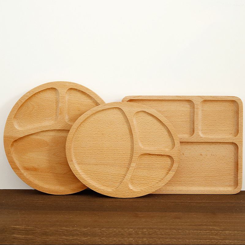 木制托盘榉木长方形分隔餐盘 水果面包小吃托盘 日式儿童餐具木盘