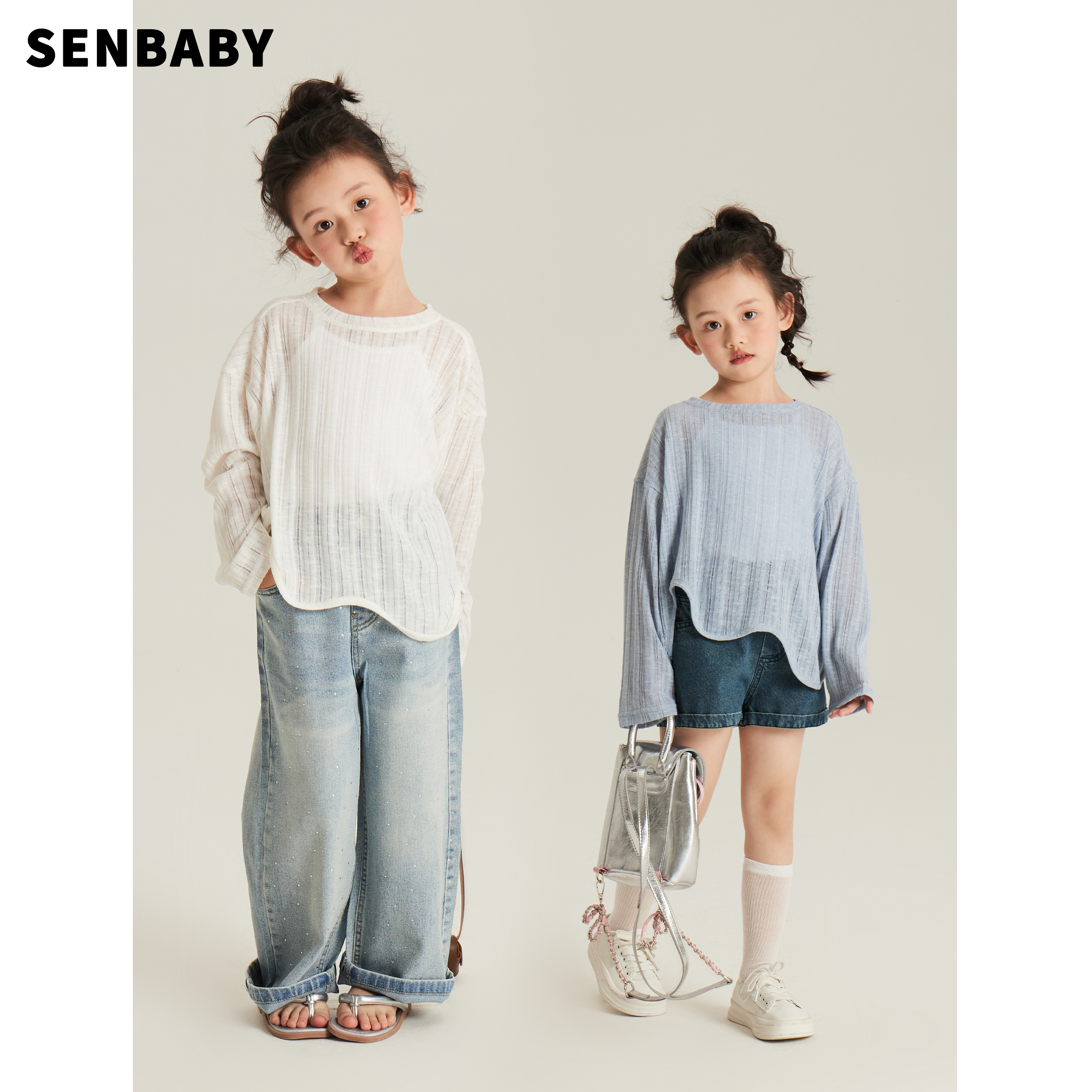senbaby童装儿童夏装长袖衫女宝宝薄款上衣女童两色不规则防晒T恤