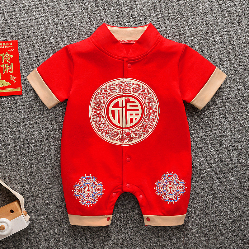 瓦戈吉尔童装夏季婴儿满月礼服男孩中国风百岁连体衣服男宝宝百天