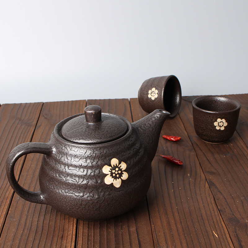 陶缘小舍 创意粗陶茶具日式花茶壶套装 特色手工黑色凉水壶水杯子